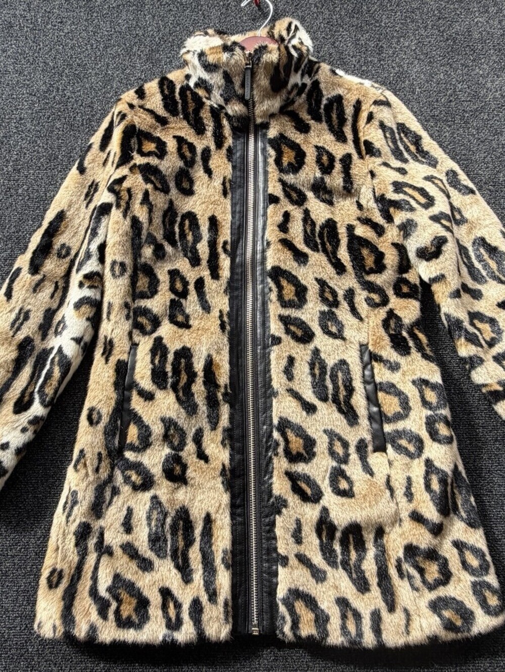 Karl Lagerfeld Paris Faux Leather Faux Fur Leopard Coat